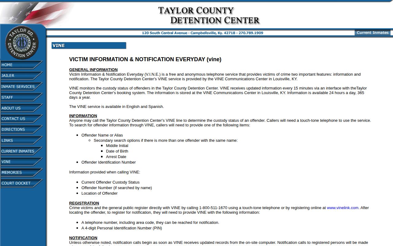 Taylor County detention page explaining VINE custody notifications